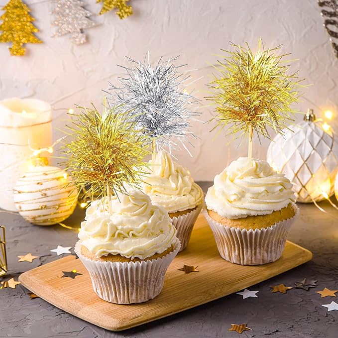 Chinco 100 Pcs Foil Firework Cupcake Toppers Sparkle Tinsel Cake Toppers Cake Decoration Cocktail Fruit Toothpick for Birthday Wedding Graduation Party(Gold, Silver)