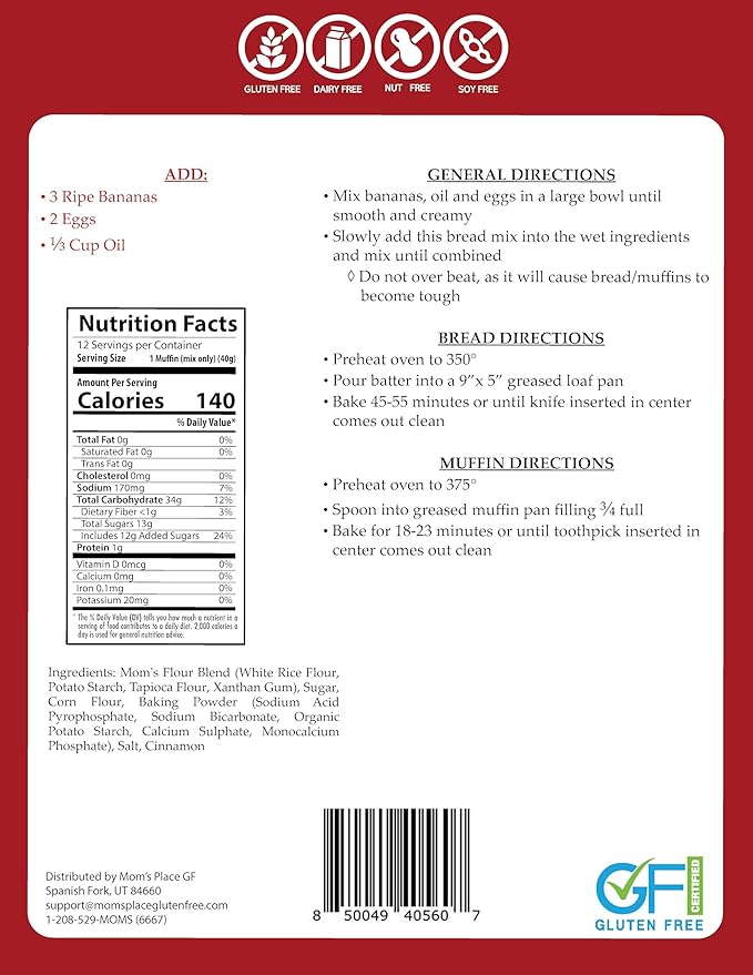 Mom's Place Gluten-Free Banana Bread or Muffin Mix, Nut Free, Dairy Free & Soy Free, Makes 12 Servings, 16.9 oz