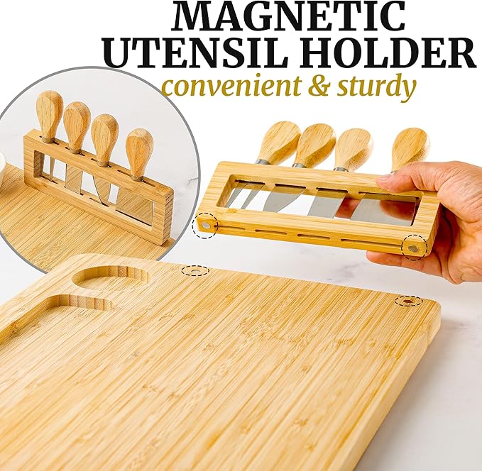 Zulay Kitchen Premium Bamboo Cheese Board Set - Extra Thick Bamboo Charcuterie Board Set with 4 Piece Knife Set - Wooden Cheese Board is Perfect for Charcuterie, Wine and Cheese (Platter Set)