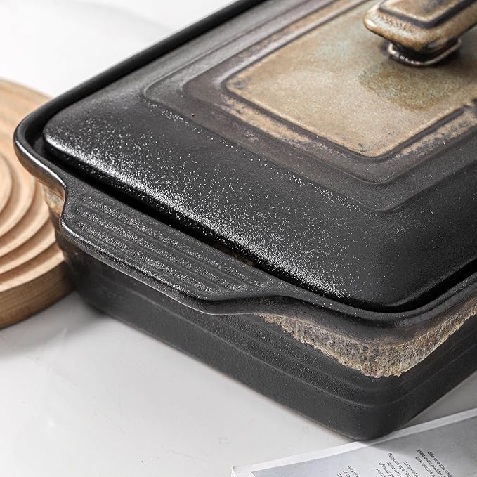 KOOV Ceramic Casserole Dish with Lid, Covered Rectangular Casserole Dish Set, Lasagna Pans with Lid for Cooking, Baking dish With Lid for Dinner, 9 x 13 Inches, Stripe Series (Rough Black)