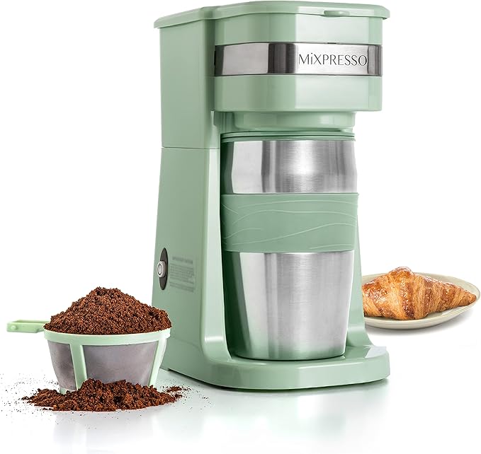 Mixpresso Green Personal Single Serve Coffee Maker with 14oz Travel Mug, Drip Small Coffee Maker with Auto Shut Off, Reusable Filter, Works with Ground Coffee Only ??Not for K-Cup Pods