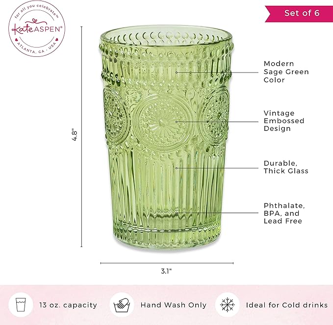 Vintage Ribbed Green Drinking Glasses Set of 6-13 oz Embossed Glass Cups for Water, Iced Tea, Cocktails - Colored Glassware for Kitchen, Vintage Tumblers, Cute Glass Cups, Boho Drinkware