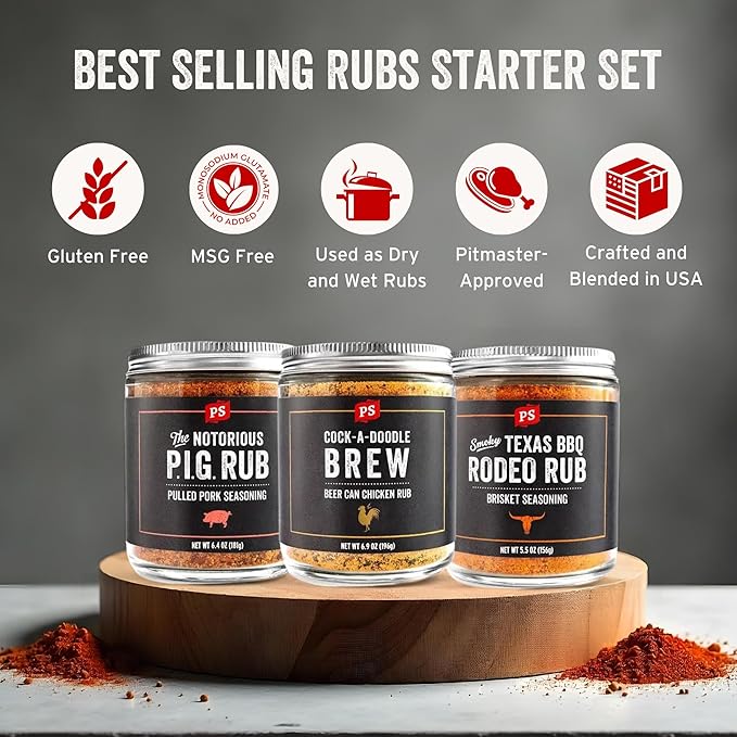 PS Seasoning Dry BBQ Rub Variety Pack - Notorious PIG, Cock-A-Doodle Brew, Texas Rodeo - BBQ Seasoning & Rubs for Smoking and Grilling Gift Set - Grilling Spices for Steaks, Pork, Beef, Chicken