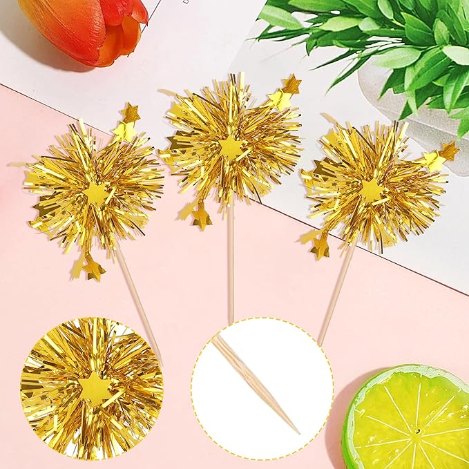 Rsstarxi 30 Pack Gold Firework Cupcake Toppers Birthday Cupcake Toppers Sparkle Tinsel Flower Drink Stirrers Cocktail Toothpicks for New Years Valentine's Day Party Cake Decorations