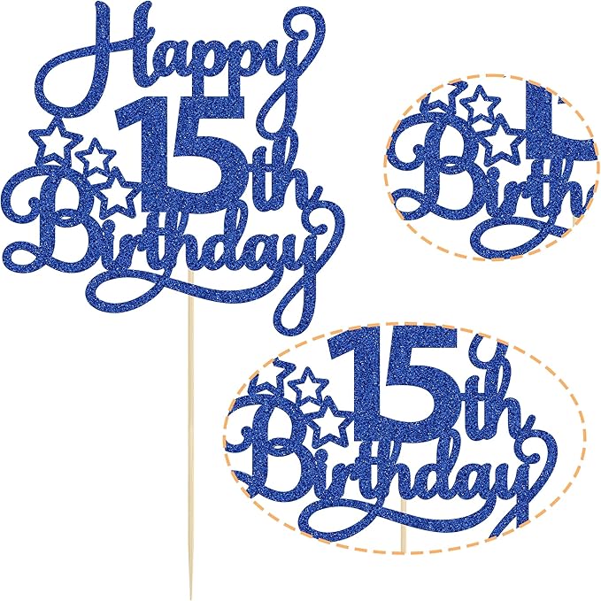 1 Pack Happy 15th Birthday Cake Topper Blue Glitter Mis Quince 15 Cheers to 15 Years Old Birthday Cake Pick for Celebrating 15th Birthday Anniversary Party Cake Decorations Supplies