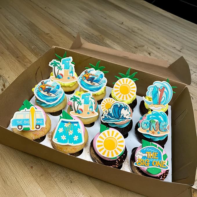 Gyufise 54Pcs Edible Surfing Cupcake Toppers Wafer Paper The Big One Surf Birthday Cake Dessert Picks Surfing 1st Birthday Decorations for Summer Hawaii Holiday Baby First Supplies Light Blue