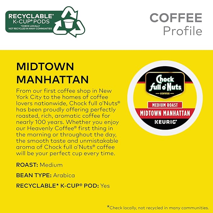 Chock full o’Nuts Midtown Manhattan Keurig K-Cup Pods for Keurig Brewers – Premium Arabica, Medium Roast – Single Serve – 4 Packs of 24 K-Cup Pods
