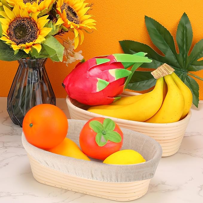Gejoy 12 Set Bread Proofing Baskets Oval Shaped Banneton Dough Proofing Bowls Kit with Cloth Liner and Plastic Scraper Sourdough Proofing Basket for Home Sourdough Bakers Supplies (10 Inch)