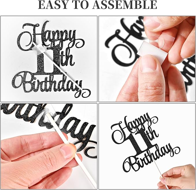 11th Birthday Cake Decorations, 11th Birthday Candles Cake Numeral Candles and Glitter Happy 11th Birthday Cake Toppers Set for Birthday Party Supplies (Black)