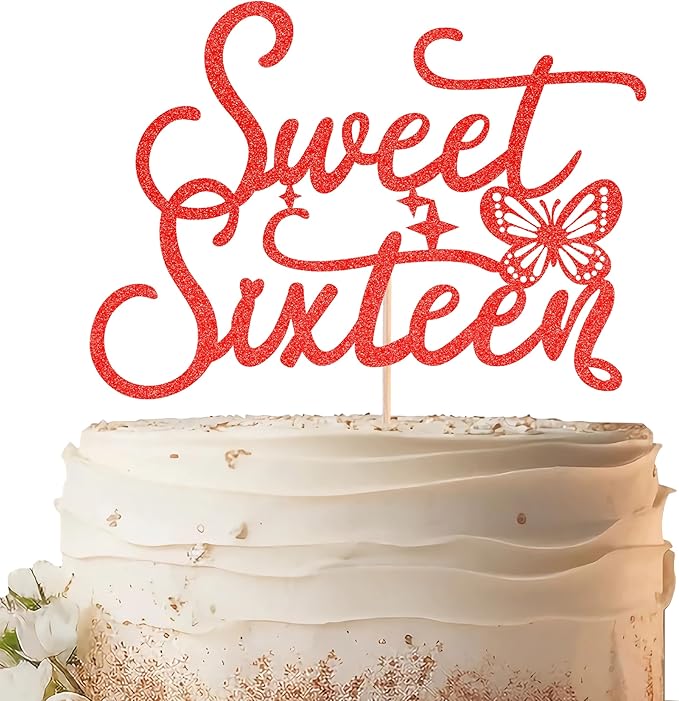 Sweet Sixteen Cake Topper - Red Glitter Butterfly Theme Sweet 16 Birthday Cake Decorating Supplies for Girls, Sweet 16 Cake Topper for Happy 16th Birthday Anniversary Party Supplies Photo Booth Props