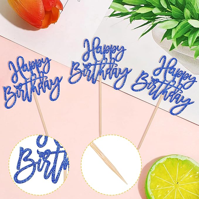 24 PCS Happy Birthday Cupcake Toppers Glitter Picks for Celebrating Anniversary Theme Party Cake Decorations Supplies Dark Blue