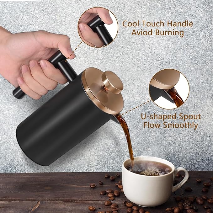 Black Mini French Press Coffee Maker 12oz, Single Cup French Press with Rose Gold Lid, 3 Extra Filters & 1 Gold Spoon(350ml Compact Travel Size) Dishwasher Safe