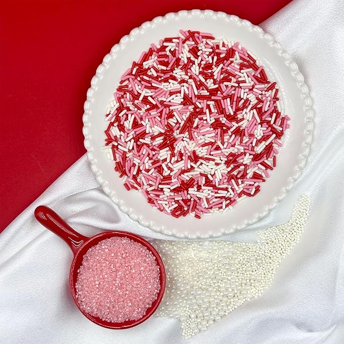 Valentines Sprinkles for Cake Decorating, 7oz Pink Heart Jimmies Pearl Sprinkles for Valentines Cookie Baking Cupcake Topping