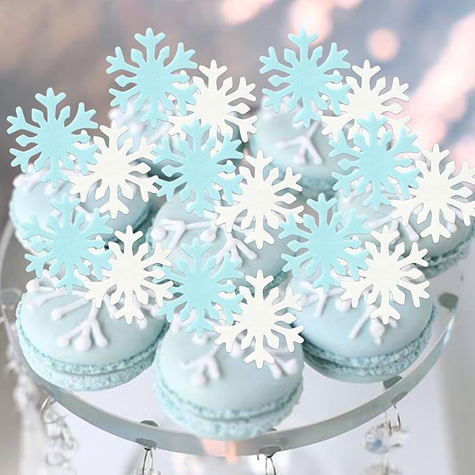 50 PCS Edible Snowflake Cupcake Toppers Edible Snowflake Frozen Cupcake Toppers Wafer Paper Frozen Party Decorations for Christmas Frozen Theme Birthday Party Cake Decorations Supplies Blue and White
