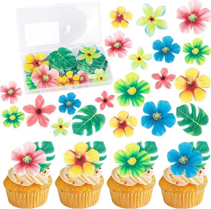83 PCS Edible Tropical Palm Leaves and Hawaii Flowers Cupcake Toppers Edible Flowers Cupcake Picks Hawaii Theme Cake Decorations for Jungle Theme Birthday Party Wedding Cake Decoration Supplies