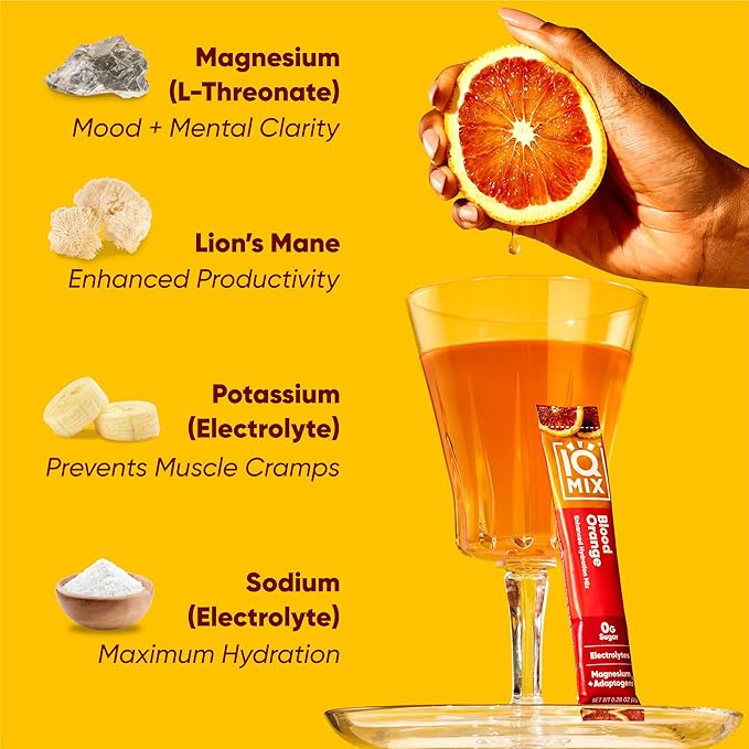 IQMIX Hydration Electrolyte Powder ??4-in-1 Formula for Hydration, Mental Clarity, Mood and Recovery ??Sugar-Free Drink Mix, Keto, Magnesium L-Threonate, Lion?™s Mane ??40 Count Blood Orange