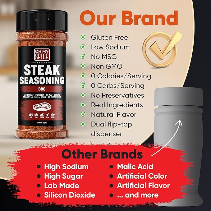 Steak Seasoning BBQ Rub Mix - Gluten Free & Low Sodium Meat Seasonings for Beef, Rib & Ribeye. Steak Seasoning for Grilling. BBQ Seasonings for Cooking. Steaks Salt Blend. Smoking Steaks Rubs. 4.1oz