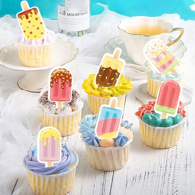 40Pcs Edible Ice Cream Cupcake Toppers Picks Ice Cream Party Decorations for Sweet Summer Theme Baby Shower Supplies