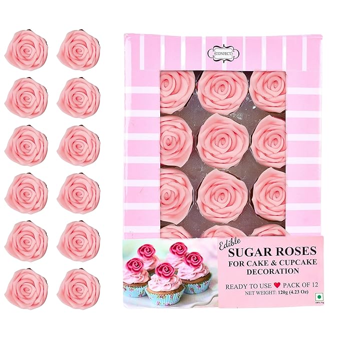 Confect Edible Rose Topper -Edible Blush Pink Rose Cupcake Toppers for Cake & Doughnut Decoration- Vegan, Gluten-Free - Pack of 12
