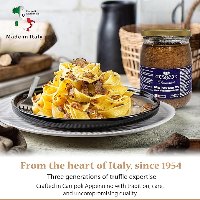 Diamante Italy White Truffle Sauce with High 15% White Truffle Content - Authentic Italian Gourmet White Truffle & Mushroom Sauce - Non GMO, Vegan & Made in Italy - 500g