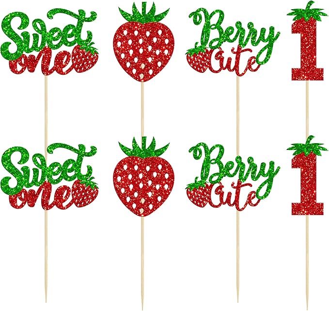 24Pcs Sweet One Cupcake Toppers Glitter First Birthday Strawberry Cupcake Picks for Fruit Baby Shower 1st Birthday Berry Sweet Cupcake Decorations Party Supplies Green