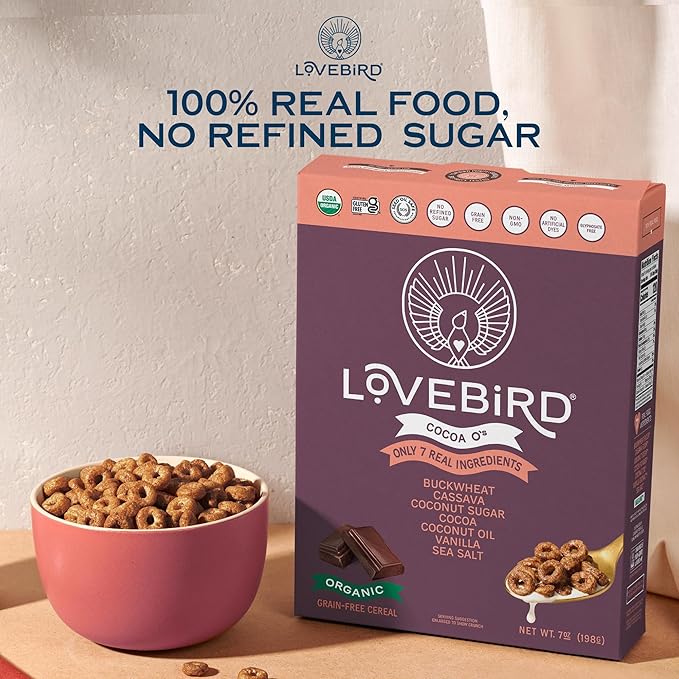 Lovebird Organic Gluten Free Cereal, Cocoa Flavor ??Prebiotic Fiber, Gut Health, Low Sugar, Grain Free, Breakfast or Snack ??Healthy Cereal Made With Real Food, 3 Pack