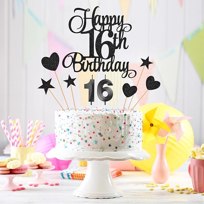 16th Birthday Cake Decorations, 16th Birthday Candles Cake Numeral Candles and Glitter Happy 16th Birthday Cake Toppers Set for Birthday Party Supplies (Black)