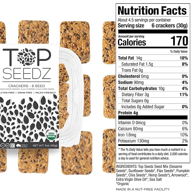 Top Seedz Certified Organic Gluten Free Cumin and 6 Seed Crackers | 6-Pack | 5 Ounces | Healthy Vegan Crackers with Plant Based Protein | Made of Sunflower, Flax, Sesame and Pumpkin Seed