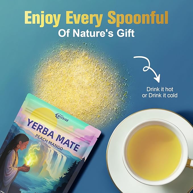 Yerba Mate Instant Tea Powder, Super Yerba MateTea for Natural Energy & Gut Health, Reduce Brain Fog, Low Sugar Yerba Mate Tea with Prebiotics and Probiotics, Peach Mango 30 Servings