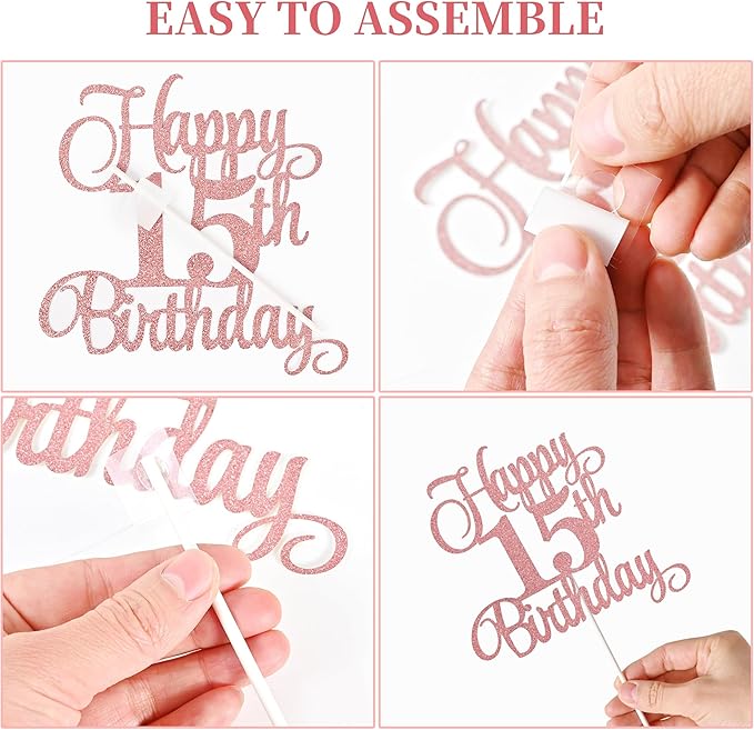 15th Birthday Cake Decorations, 15th Birthday Candles Cake Numeral Candles and Glitter Happy 15th Birthday Cake Toppers Set for Birthday Party Supplies (Rose Gold)