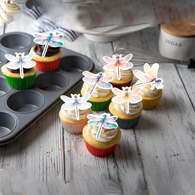 Rsstarxi 60 Pack Dragonfly Edible Cake Toppers Rice Paper Insect Themed Cupcake Picks for Baby Shower Birthday Wedding Anniversary Party Cake Decorations Supplies