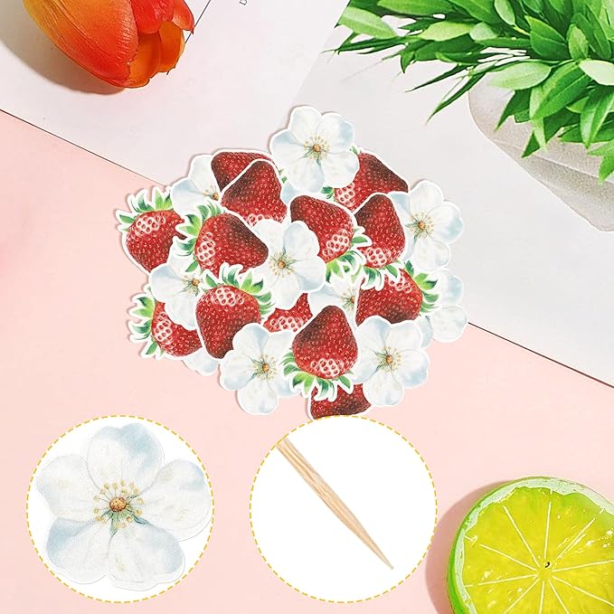60 Pack Edible Sweet Strawberry Flower Cupcake Toppers First Birthday Strawberry Cake Toppers Rice Paper Wafer Paper Cake Picks for Fruit Baby Shower 1st Berry Sweet Kids Birthday Cake Decorations