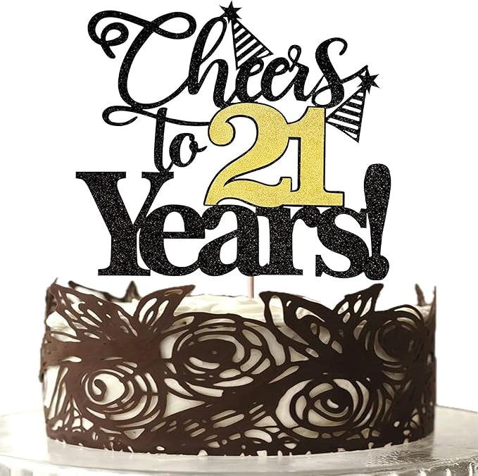 Rsstarxi 1 Pack Cheers to 21 Years Cake Topper Glitter Twenty One Years Old 21st Birthday Cake Pick 21 Fabulous Cake Decorations for Happy 21st Birthday Wedding Anniversary Party Supplies Black