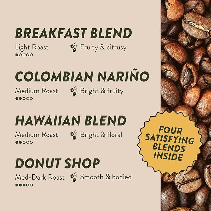 Angelino's Coffee - Medium Roast Coffee Pods Variety Pack, 96 Count - Includes Breakfast Blend, Colombian Nariño, Hawaiian Blend, Donut Shop, Single Serve Coffee Pods for Keurig K-Cup Brewers