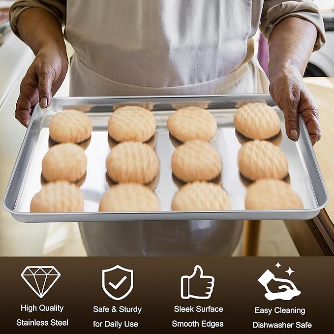 Homikit Baking Cookie Sheet Set of 2, Stainless Steel Cooking Sheets Pan Tray for Oven, 20 x 14 Large Metal Half Sheet for Cooking Baking, Rustproof & Heavy Duty, Mirror Finish & Dishwasher Safe