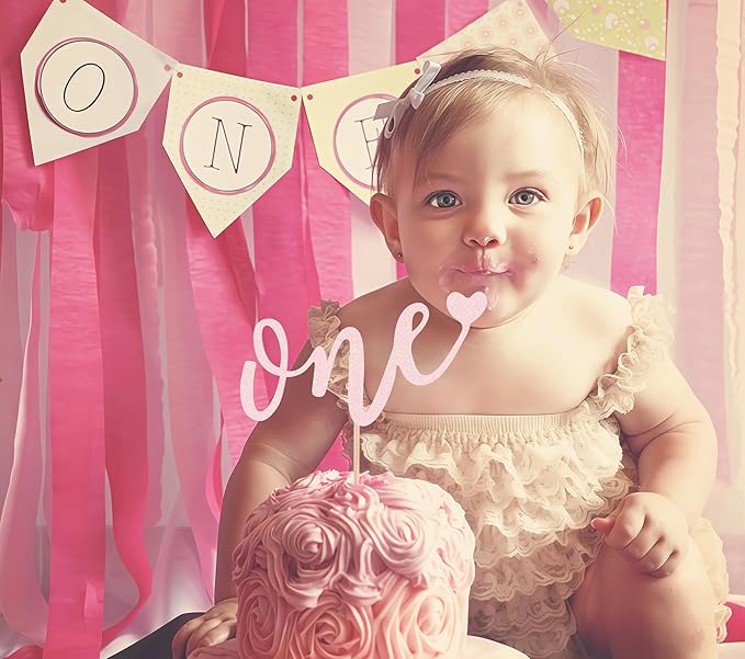 First Birthday Cake Topper - Light Pink Glitter Love One Birthday Cake Decorating Supplies, Perfect for Baby Shower/Gender Revealing Party/Baby Party Photo Booth Props