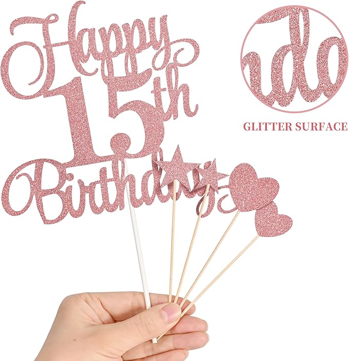 15th Birthday Cake Decorations, 15th Birthday Candles Cake Numeral Candles and Glitter Happy 15th Birthday Cake Toppers Set for Birthday Party Supplies (Rose Gold)