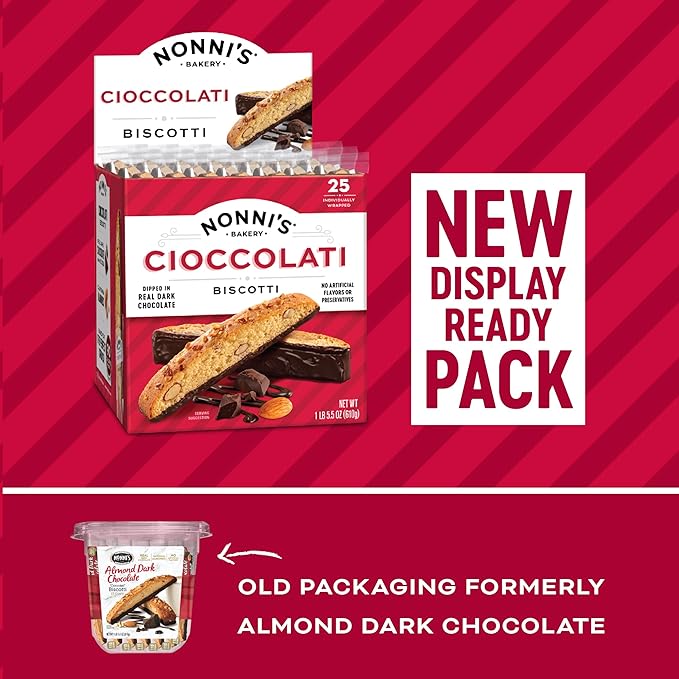 Nonni's Cioccolati Dark Chocolate Almond Biscotti Cookies ??Individually Wrapped Italian Coffee Snack, Crunchy Twice-Baked, 90 Cal Each, 21.5 oz Carton, 4 Pack
