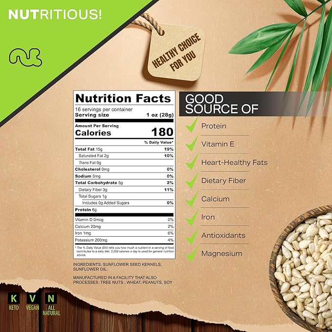 NUT CRAVINGS - Roasted Unsalted Sunflower Seeds Kernels to eat, No Shell Hulled (16oz - 1 LB) Bulk Nuts Packed Fresh in Resealable Bag - Healthy Protein Snack, Food Assortments