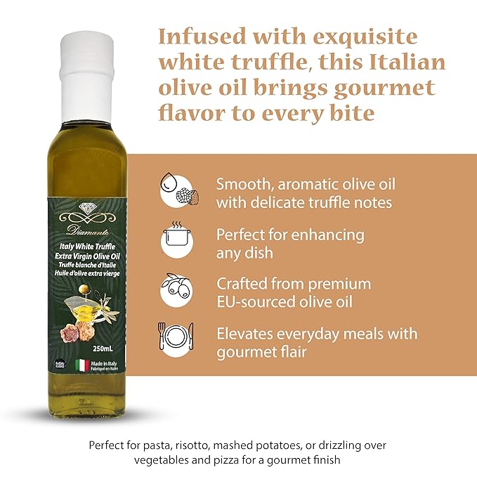 Diamante Italy White Truffle Extra Virgin Olive Oil - White Truffle (Tuber magnatum Pico) Gourmet Oil for Dressing, Seasoning, Marinade & Drizzle - Non GMO & Product from Italy - 250ml