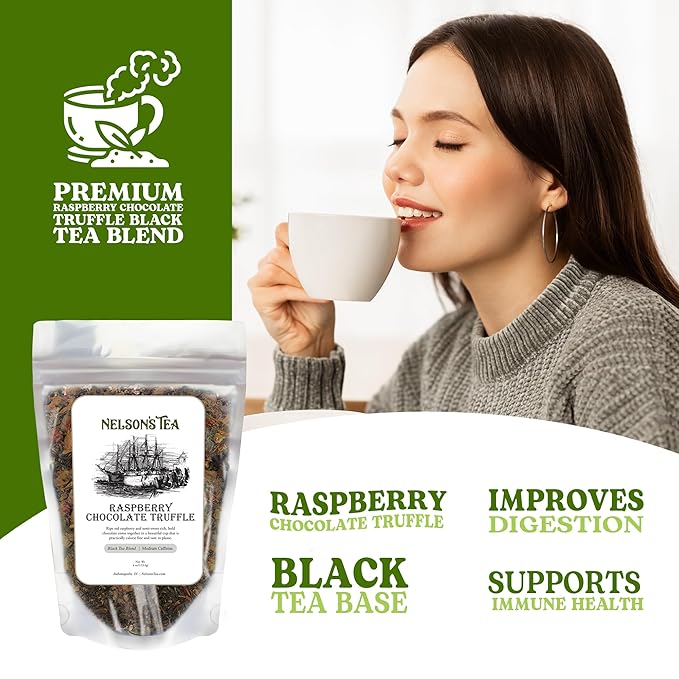 Nelson's Tea Raspberry Chocolate Truffle - Loose Leaf Black Tea with Raspberry Leaf, Chocolate Rooibos, Truffle Essence, Carob Beans, Hibiscus & Chocolates Chips, Infused with Natural Flavors - 4 oz.