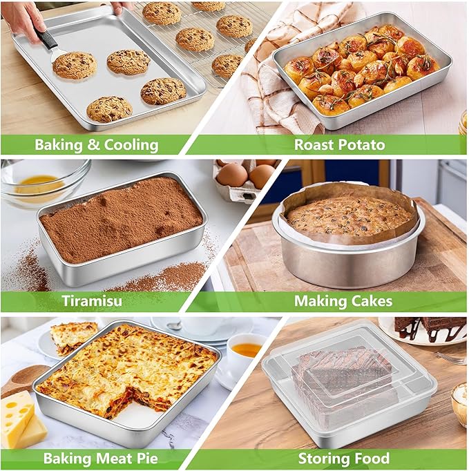 Bakeware Sets of 11, P&P CHEF Stainless Steel Baking Pans Set, Includes Baking Sheets and Rack, Lasagna Pan with Lid, Round/Square Cake Pan, Muffin Pans, Loaf Pan, Reusable & Durable