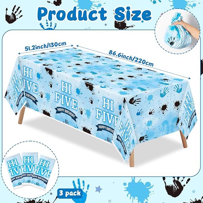 3Pcs Hi Five Party Tablecloths - Blue High 5 Year Old Party Table Covers Decorations 5th Birthday Rectangular Plastic Disposable Table Cloth Decor for Kids Five Years Old Birthday Baby Shower Supplies