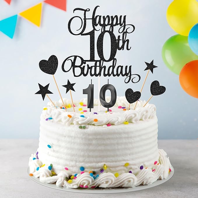 10th Birthday Cake Decorations, 10th Birthday Candles Cake Numeral Candles and Glitter Happy 10th Birthday Cake Toppers Set for Birthday Party Supplies (Black)