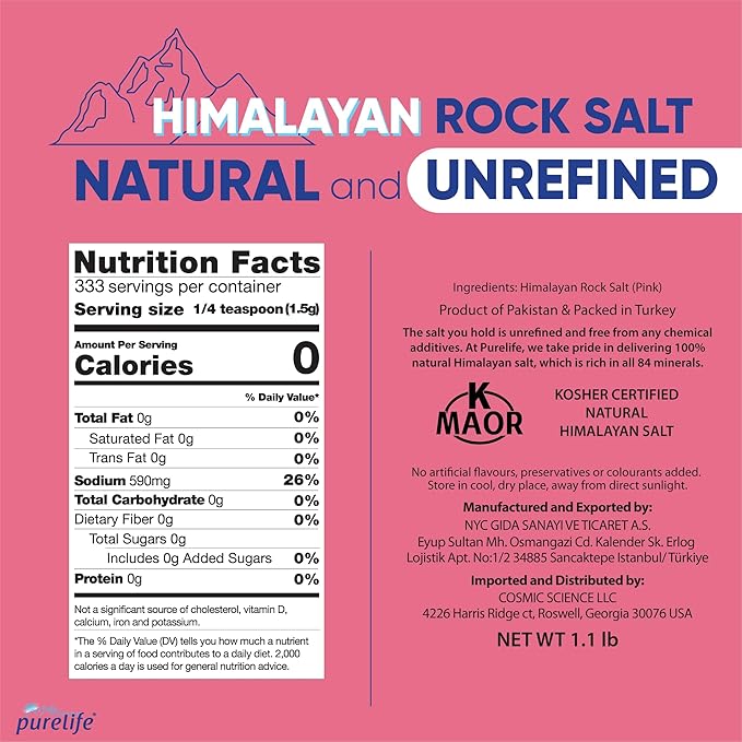 Purelife Coarse Himalayan Pink Salt – Organic Salt from Iron-Rich Himalayan Mines | Kosher Coarse Salt Certified - Gourmet Natural Crystal Rock Salt with Minerals for Salt Mills & Grinders – 1.1 Lbs