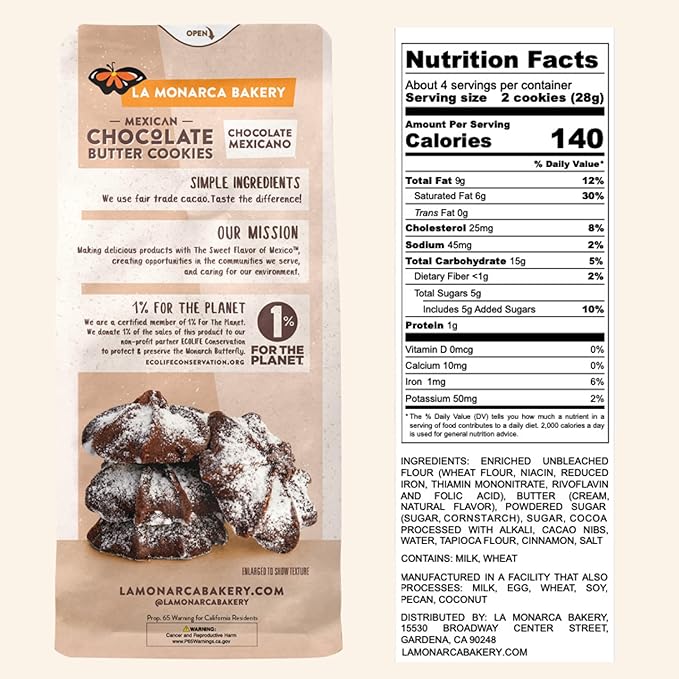 Mexican Chocolate Butter Cookies, 4 Ounce (Pack of 3), Made with Real Butter and Fair Trade Cacao by La Monarca Bakery
