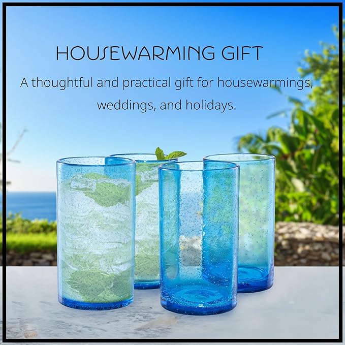 Artland 17oz Highball Tumbler, Set of 4 | Iris Seeded Design, Turquoise | Drinking Glass for Parties and Everyday Use - Mojito, Whiskey, Cocktail | Glassware & Kitchenware Essentials