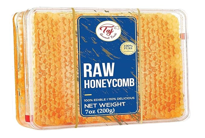 Taj Gourmet All Natural Raw Honeycomb 100% Honey Pure Turkish Raw Honey Comb -100% All Natural Edible Honey Combs Raw Edible - Perfect For Healthy Smoothies Honey With Honeycomb, 200g (7.05oz)