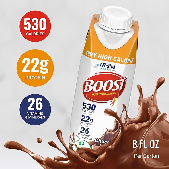 BOOST Very High Calorie Nutritional Drink ??Helps Weight Gain & Maintenance -530 Calories -26 Vitamins & Minerals - 22 g Protein - Variety Pack - Vanilla, Chocolate & Strawberry - 8 fl oz (Pack of 24)