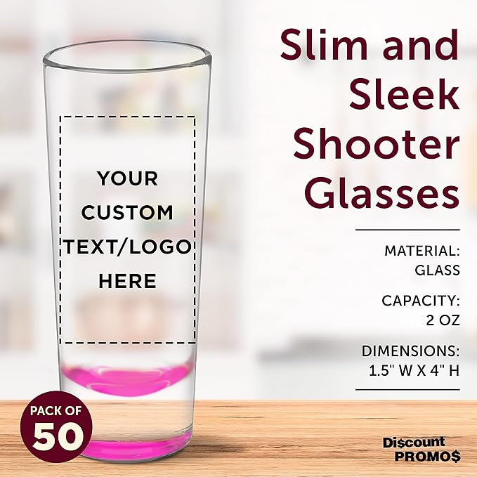 Custom Cordial Shooter Shot Glasses 2 oz. Set of 50, Personalized Bulk Pack - Great for Birthdays, Parties, Indoor & Outdoor Events - Pink